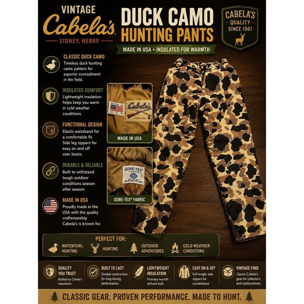 Vintage Cabela's Duck Camo Hunting Pants USA Insulated Fits Mens Medium